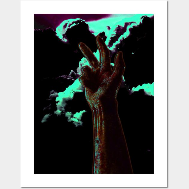 Digital collage and special processing. Hand near clouds. Holy trinity hand gesture. Light green and violet clouds. So beautiful. Wall Art by 234TeeUser234